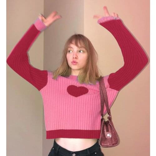 Autumn Heart Womens Sweater Knitted Crop Top Y2K Long Sleeve O Neck Pullovers Korean Fashion Patchwork Color Girls Clothes New