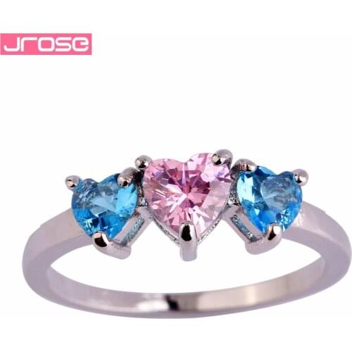 JROSE Wholesale Fashion Heart Cut Pink Blue Cubic Zirconia Jewelry Silver Ring Size 6 7 8 9 10 11 For Women Wedding Ring