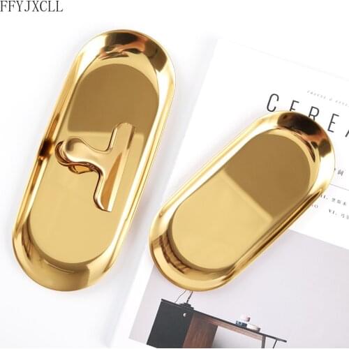 Nordic Style Gold Oval Plate Jewelry Storage Small Tray Stainless Steel Snack Plate Metal Storage Tray Home Decoration Accessori