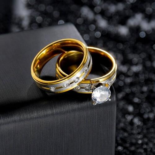 Gold Wedding Bands Rings for Women Men Jewelry Crystal 6mm Stainless Steel Engagement Ring Sets Lover Couple Gift