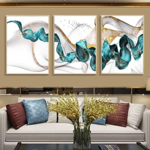 3 Panels Nordic Sea Blue Golden Color Abstract Canvas Painting Wall Art Poster Print Wall Pictures Home Decor No Frame