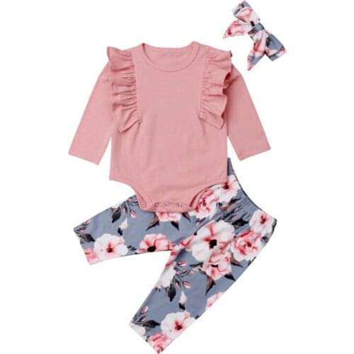 Children Newborn Kids Baby Girls Clthes Set Flowers Headband Round Neck Tops Pants Outfits Fashion Pink Print Autumn Girls 3Pcs