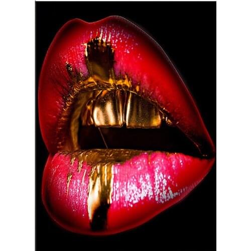5D Diy Daimond Painting Red Lips With Golden Teeth 3D Diamond mosaic full square Round Rhinestones Painting Diamant Embroidery