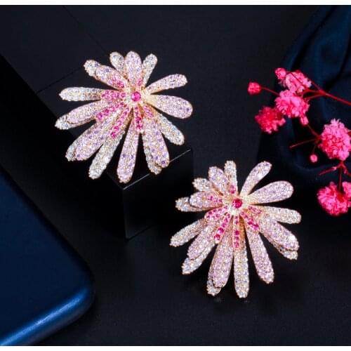 CWWZircons Unique Designer Red Pink Cubic Zirconia Pave Big Geometric Flower Earrings for Women Luxury Costume Jewelry CZ884