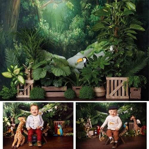 Wild One Jungle Safari Photography Background Baby Party Decor Green Plants Forest Animals Child Newborn Cake Smash Backdrops
