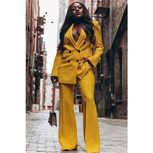 Fashion Yellow Mother of the Bride Suits Double Breasted Women Ladies Plus Size Office Tuxedos Formal Work Wear For Wedding