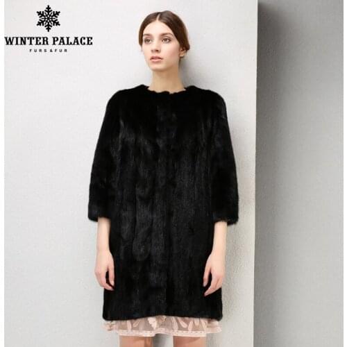 Young style Fashion Mink Fur coat Genuine Leather O-Neck fur coats for women Luxury fur coat Black mink coat WINTER PALACE