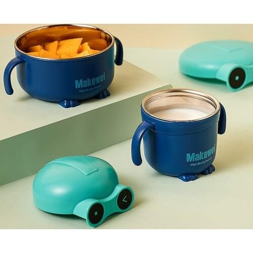 Baby Feeding Food Bowl Warm Anti-scalding Stainless Steel Cup for Kids Non-Slip Dish Plate Cartoon Children Water Bottle Handle