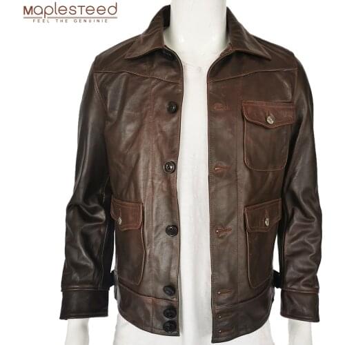 Men Leather Jacket Thick 100% Natural Oil Wax Cowhide Skin Jacket Dark Brown Soft Men Coat Winter Clothing Asian Size M-3XL M505