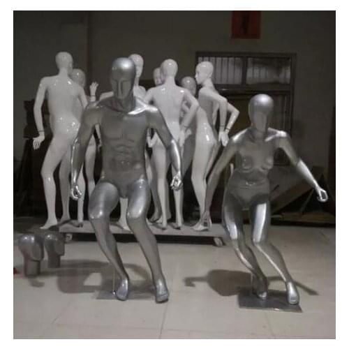 New Male and Female Models Bright Silver Fiberglass Model Skiing Sports Mannequin Female Dummy Whole Body