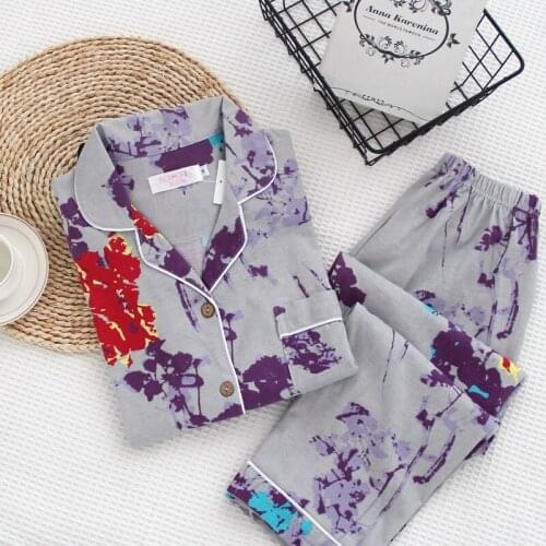 Knitted Cotton Simple Lapel Large Size Female Printed Pajamas, Autumn Cardigan Home Wear, Thin Long-sleeved Trousers Living Suit