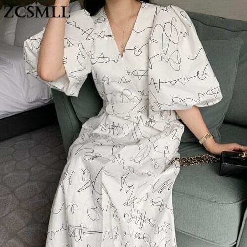 ZCSMLL Korean cross V-neck vestido slim high-waist mid-length big swing lantern sleeve graffiti loose women dress 2021 fashion