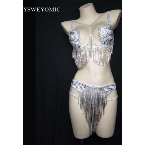 Bikini Style Rhinestones Pearl Transparent Bodysuit White Women Dancer Bar Show Stage Performance Outfit Prom Birthday Party Out