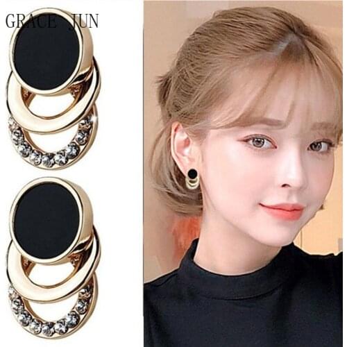 GRACE JUN Vintage Gold Color Black Geometric Stud Clip on Earrings Women Party Birthday Luxury Rhinestone Circle Cuff Earrings