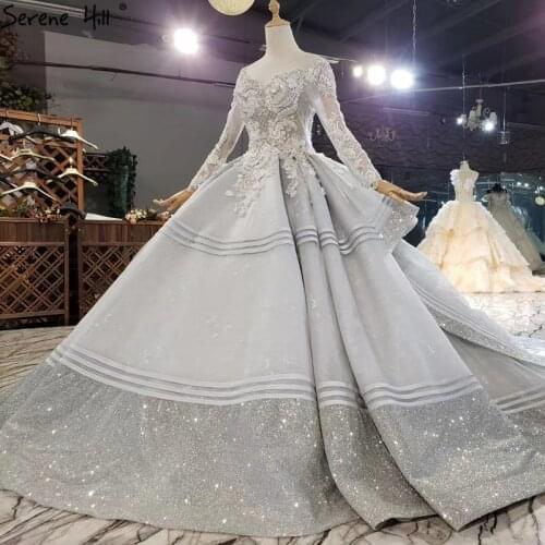 Grey Luxury Long Sleeves Sexy Plus Size Wedding Dresses 2020 Sparkle Handmade Flowers Pearls Bridal Gowns BHX0274 Couture Dress