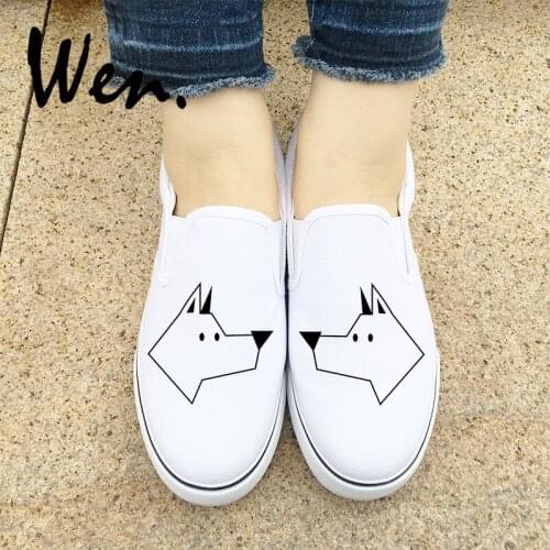 Wen Original Design Stick Figure Geometric Dog Slip On Woman Mans Canvas Shoes White Black Colors Adult Flats Sneakers