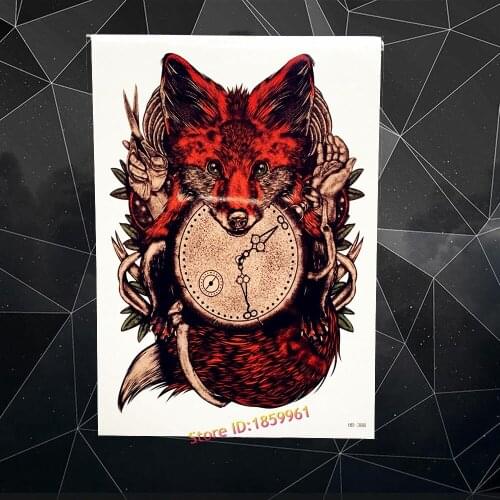 Waterproof Unique Red Fox Clock Temporary Tattoo Sticker For Men Women Body Art Tatoo Paste Flash Fake Arm Tattoo Sticker AHB388