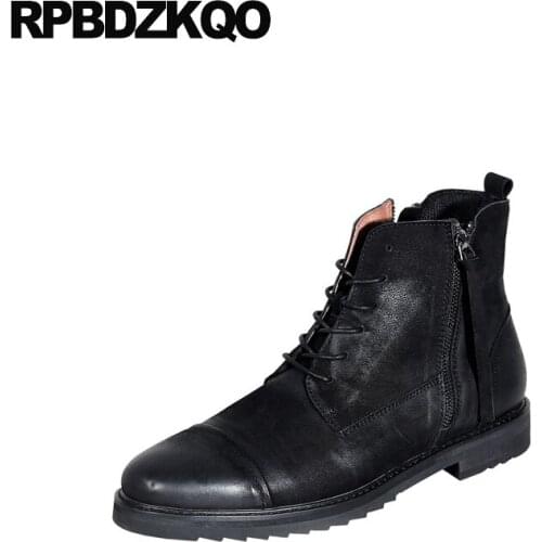 Lace Up Men Real Leather Handmade Casual Black Winter Shoes Work Army Fur Retro Combat Boots Zipper Safety Chunky Military Ankle