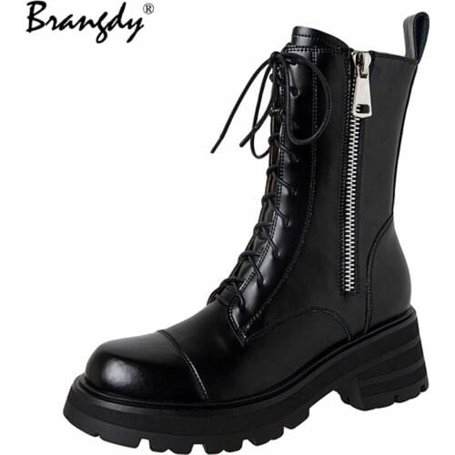 Brangdy Martins Boots For Fashion Ankle Boots Women Cow Leathe Lace-Up Zip Platform Genuine Leather Ladies Winter Boots