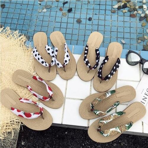 Women Beach Flip Flops Flax Slippers Summer Flat Shoes 2021 Woman Fashion Slides Print Slip On Ladies Vacation Sandals 36-41Size