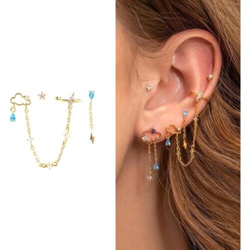 Aide Simple Colorful Zircon Tassels Chain Stud Earrings For Women Pendientes Punk Ear Nail Earbuckle Earrings 925 Silver Jewelry