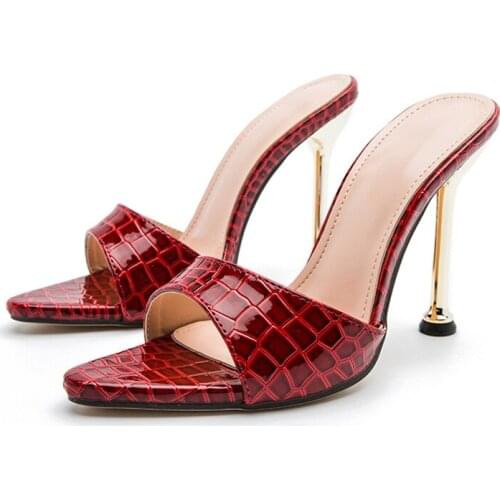 2021 Women Slippers Snake Print Strappy Mule High Heels Slippers Sandals Flip Flops Pointed Toe Slides Party Shoes Woman