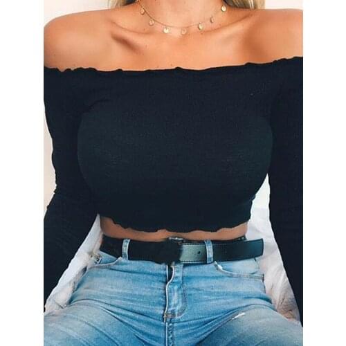 Women Off Shoulder Long Sleeve Slash Neck Summer Crop Tops Elastic Casual Solid T-shirt Fashion Sexy Slimmer Skinny Fit Tees