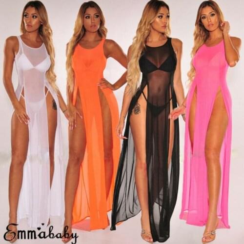 Womens Mesh Sheer Beach Swimsuit Swimwear Bikini Cover Up Split Long Maxi Dress
