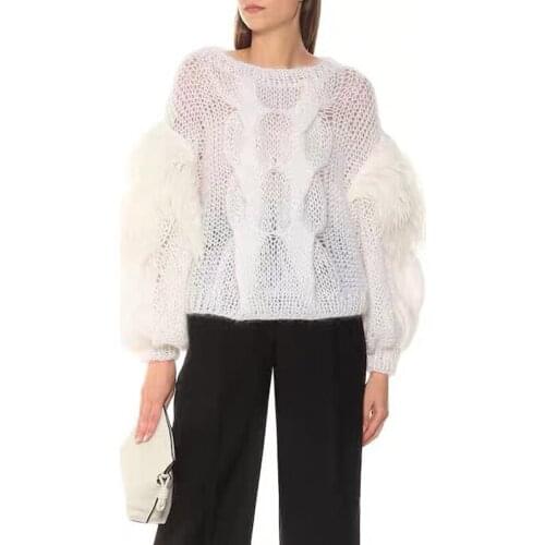 ! 11.8 Hot Sale Winter New Feather Tassels Hollow Out Wool Knitted Pullover Women Fashion Loose Puff Sleeve Sweater Knitwear
