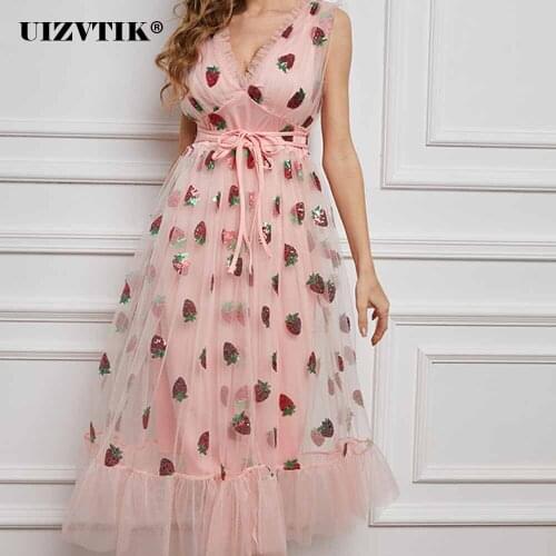 Strawberry Mesh Sleeveless Summer Dress Women 2021 Elegant Sexy V Neck High Waist Ball Gown Long Dress Club Party Maxi Dresses