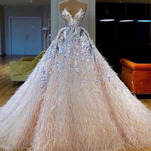 2020 Luxury Evening Dresses V Neck Bling Sequins Feather Sweep Train Formal Party Gowns Custom Made Long Prom Dress