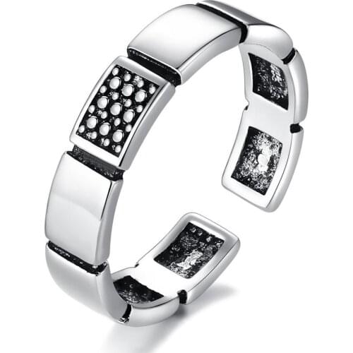 Square Strap Vintage Chunky Adjustable Finger Thai Silver Color Ring For Women Fashion Simple Black Jewelry Gifts