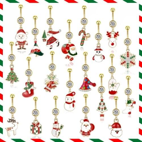 1PCS Xmas Christmas Belly Ring Cute Bells Santa Claus Snowfl Navel Piercing Surgical Steel Women Belly Button Ring Navel Jewelry