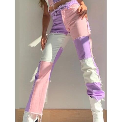 2021New Diversification Ladies Patchwork Jeans Fashion High Waist Hip Hop Straight Jeans Ladies Trousers Female Street Costumes