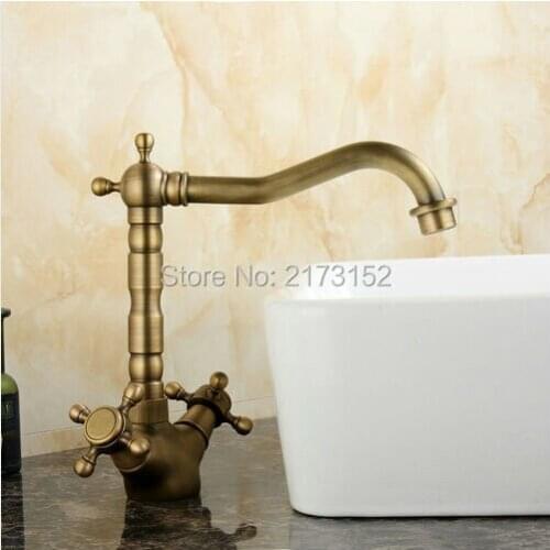 Free Shipping Royal Antique Brass Long Mouth Bathroom Faucet Double Wheel Handle Swivel Brass Basin Sink Mixer Tap A-056