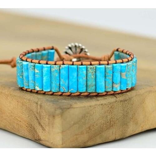 4Unik Tube Shape Natural Howlite Single Leather Wrap Bracelets Handmade Bohemian Weaving Stone Strand Bracelet Dropship Jewelry
