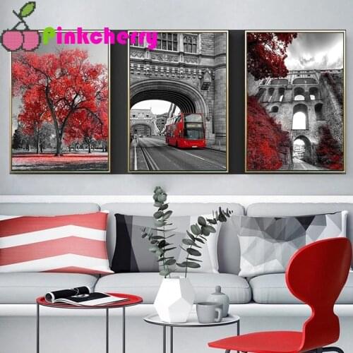 Black And White Red Tree Landscape Diamond Painting Wall Art Decoration Triptych City Umbrella Tree Diamond Embroidery k464