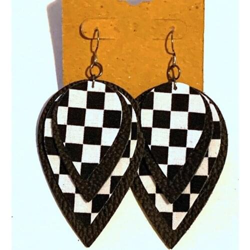 Four Layers Checkered Glitter Leaf Earrings Faux Leather Teardrop Earring Double Side Print Bulk Order Wholesale