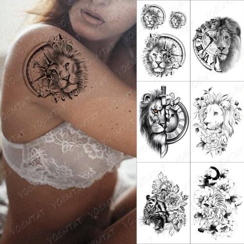Compass Lion Clock Temporary Tattoo Sticker For Men Women Adult Rose Flower Owl Wolf Waterproof Fake Henna Tiger Animal Body