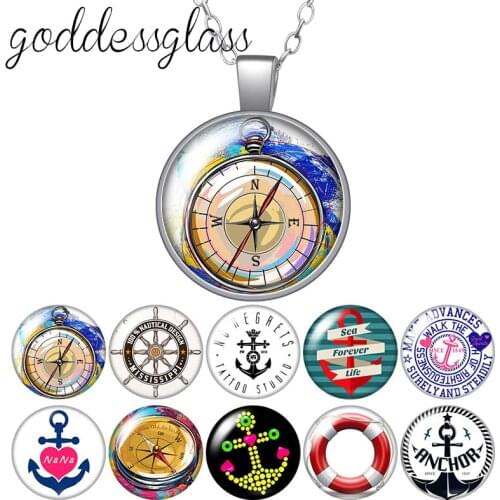 Compass Rudder Anchor navigation pendant Round Glass glass cabochon silver plated/Crystal pendant necklace jewelry for Gift