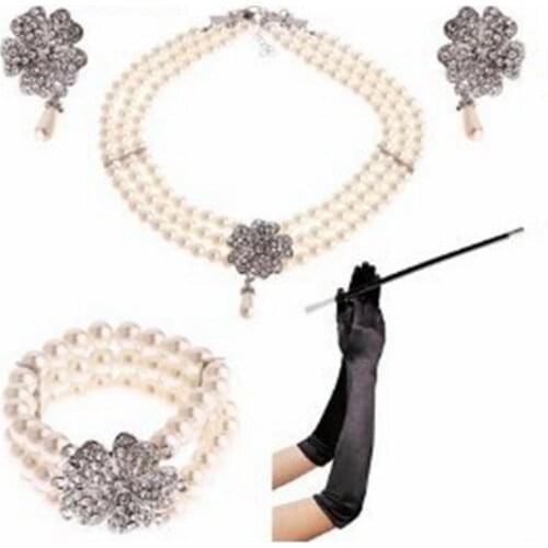 5Pcs/set 1920s Bride Imitation Pearls Set Necklace Bracelet Earring set Pentalobe Elegant Ladies Retro Banquets Jewelry Set