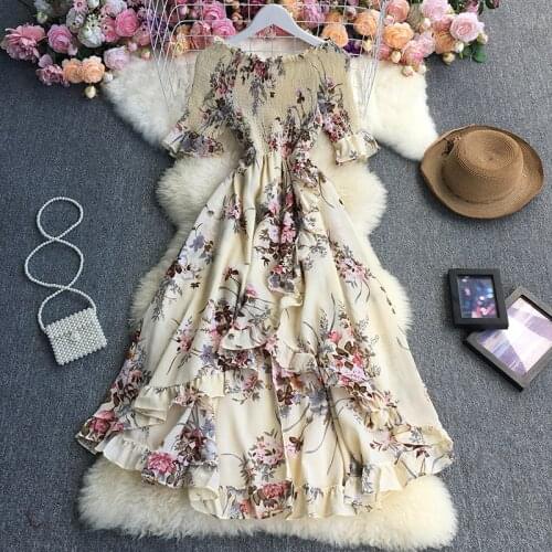 FTLZZ Summer Women Beach Floral Print Irregular Ruffles Dress Female Holiday Style Short Sleeve Folds High Waist A-line Dress