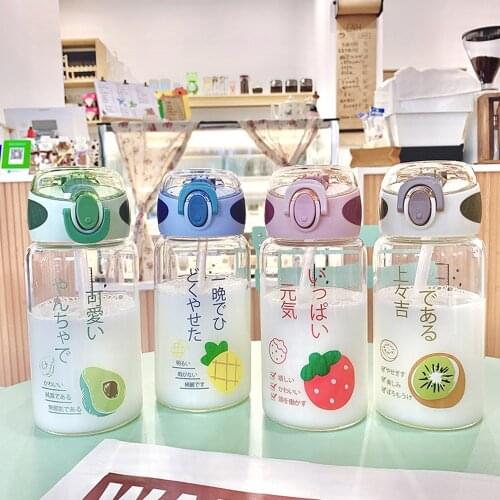 Cute Pop Lid Fruit Series Glass Water Cup Transparent Lid Anti-Choking Straw Water Bottle Students Handy Milk Water Bottle