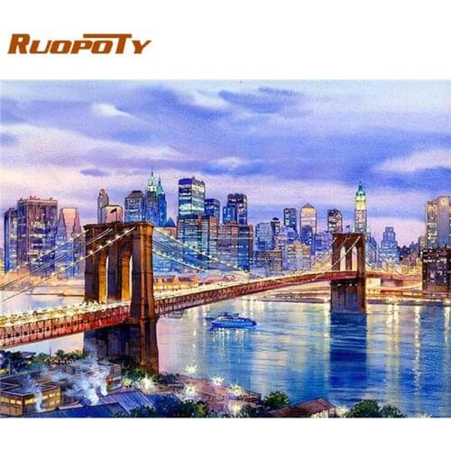 RUOPOTY City Bridge Night Landscape Painting By Numbers For Adults Diy Framed Birthday Gift Oil Paints Kits Home Room Wall Decor