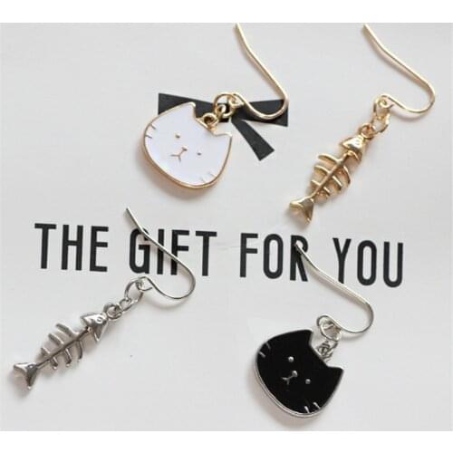 New Asymmetric Cat Fish Earrings Enamel Kawaii Kitten Fishbone Earrings Women Fashion Jewelry Gifts