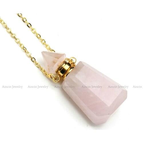 New Fashion Women Perfume Bottle Natural Rose Quartz Trapezoid Shape Pendant Necklace Luxury Jewelry 5pcs/lot