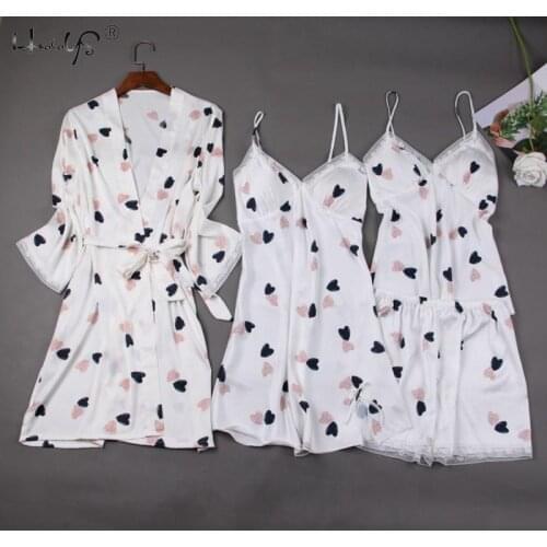 Womens 2-4 Pieces Pajamas Sets Print Emulation Silk Satin Pyjama Women Sleepwear Sets Spring Summer Autumn Homewear Nightwear