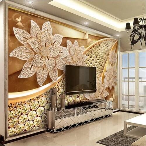 Custom European Luxury Wall Paper 3D Modern Embossed Golden Jewelry Flower Mural Wallpaper 3D for Living Room Bedroom Wall Decor