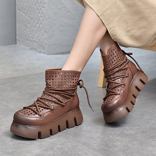 Retro Casual Womens Shoes Leather Platform Platform Shoes Lace Hole Sandals 2021 Spring and Summer New Cowhide Sandals Women