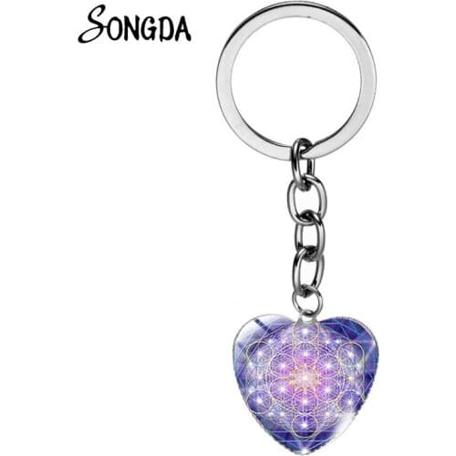 Mysterious Metatron Cube Chain Keychain Sacred Geometry Flower of Life Glass Pendants Magic Hexagram Keyring Jewelry for Unisex